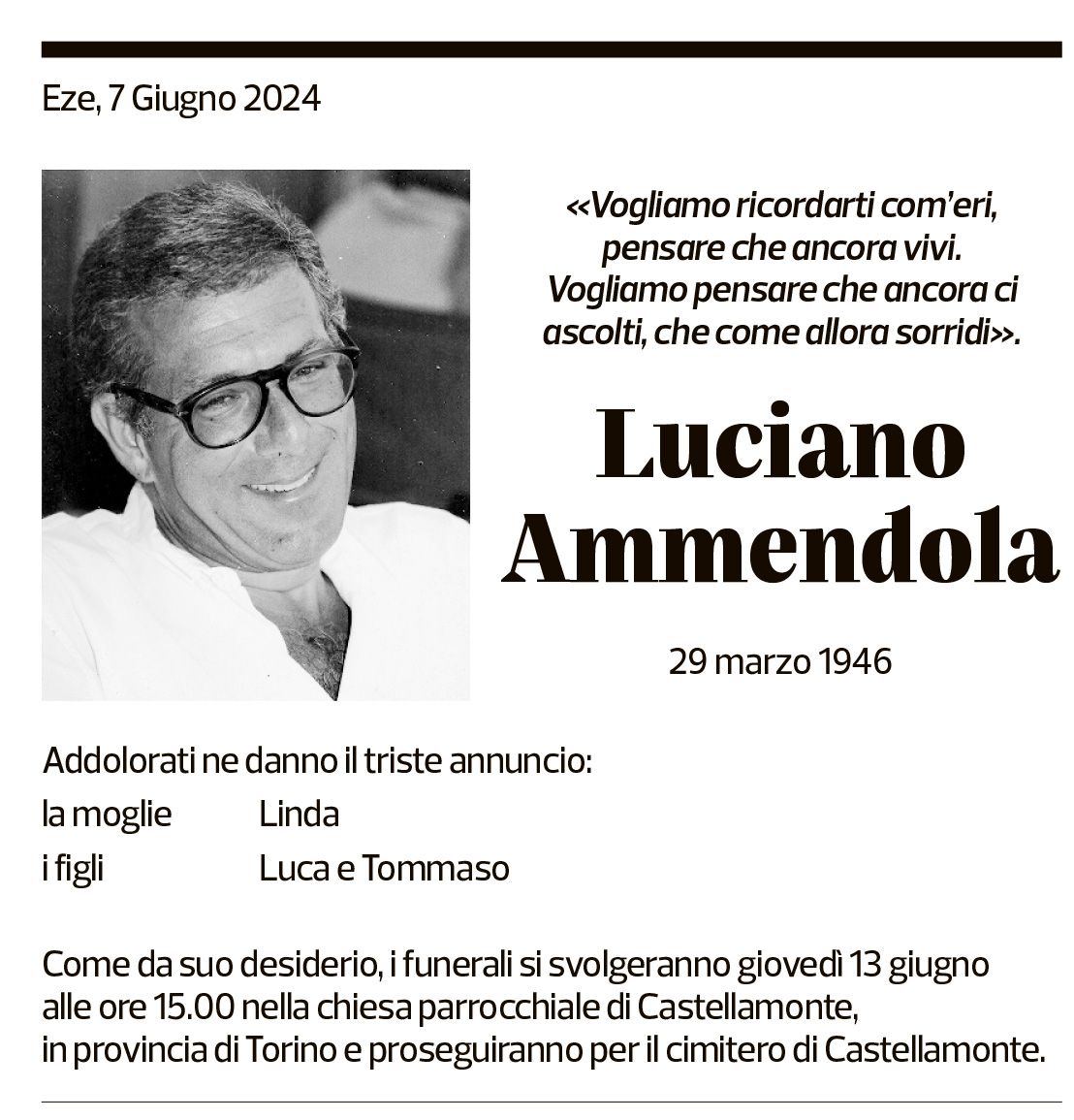 Annuncio funebre Luciano Ammendola