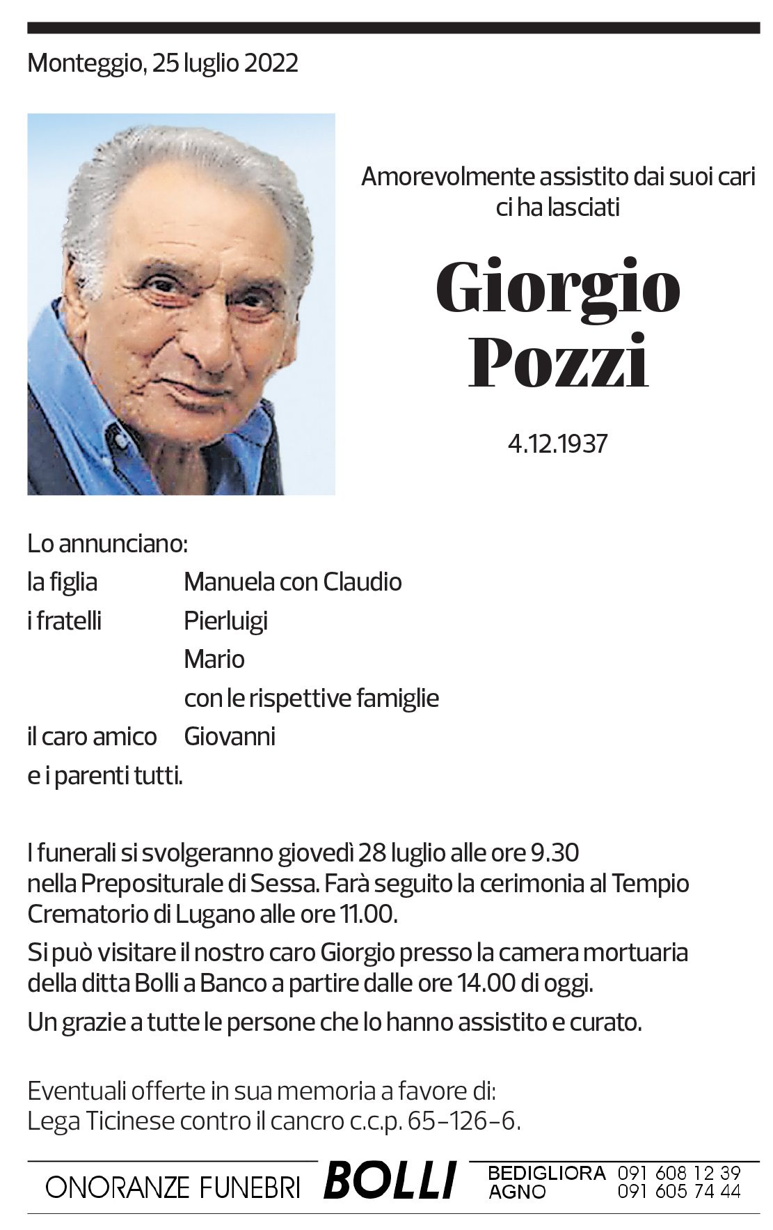 Annuncio funebre Giorgio Pozzi