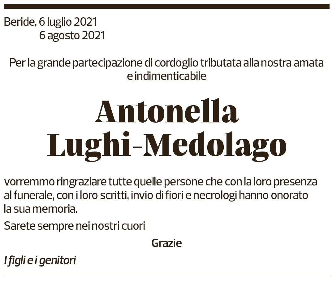 Annuncio funebre Antonella Lughi-medolago