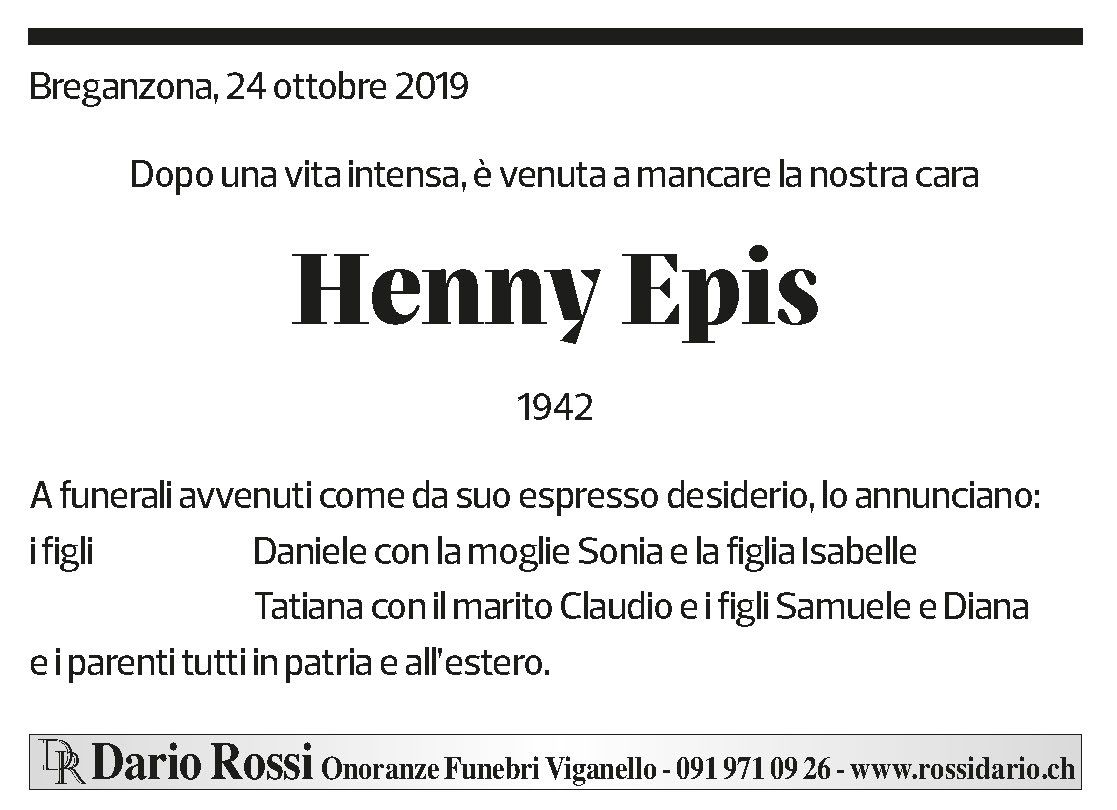 Annuncio funebre Henny Epis