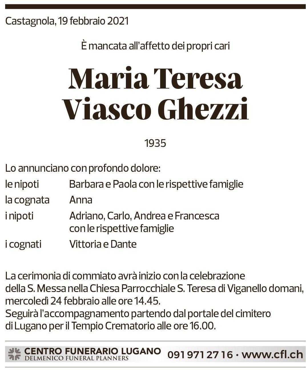 Annuncio funebre Maria Teres Viasco Ghezzi