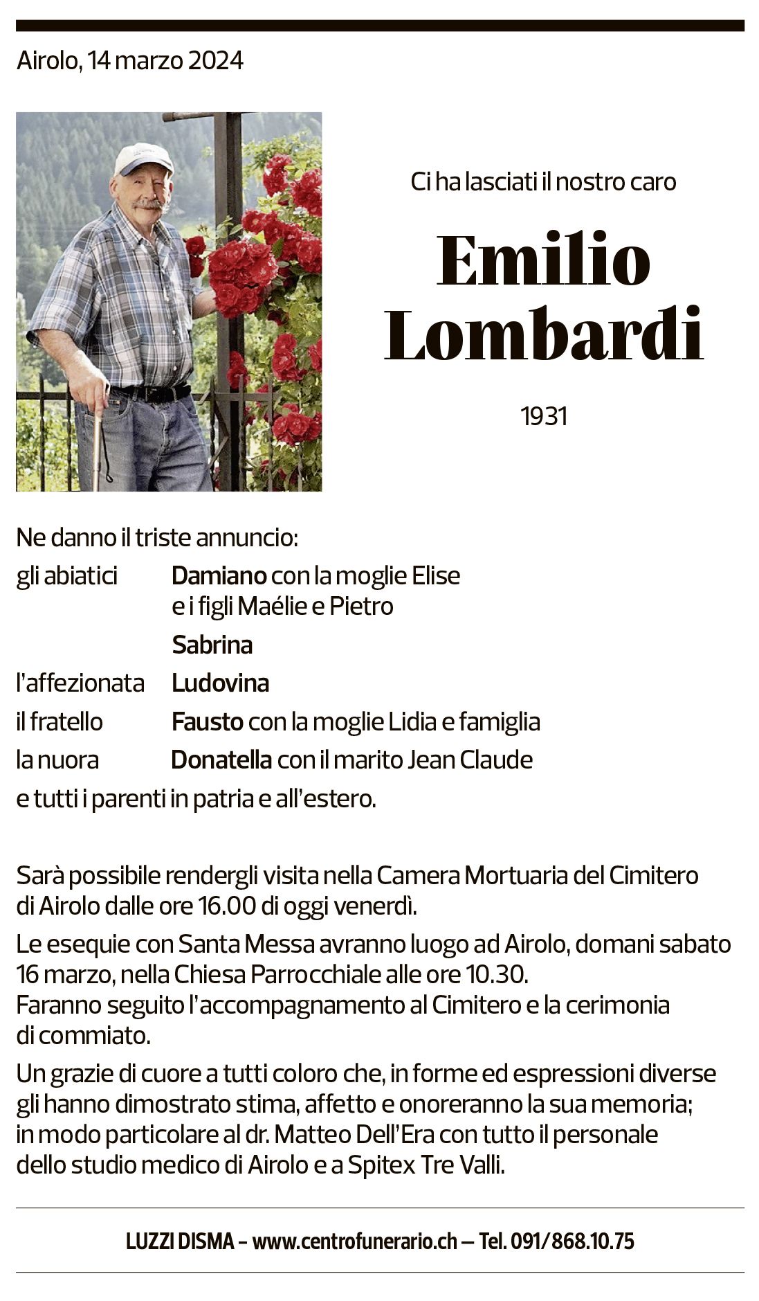 Annuncio funebre Emilio Lombardi