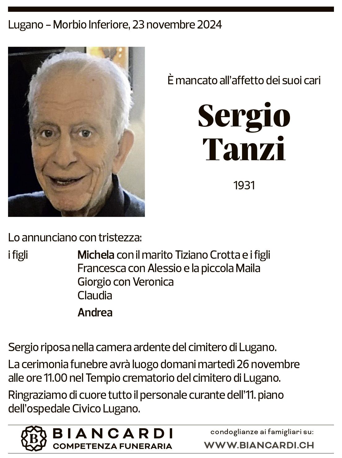 Annuncio funebre Sergio Tanzi