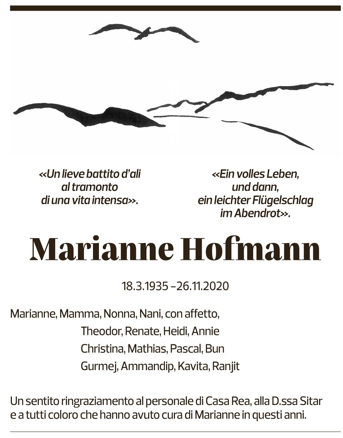 Annuncio funebre Marianne Hofmann