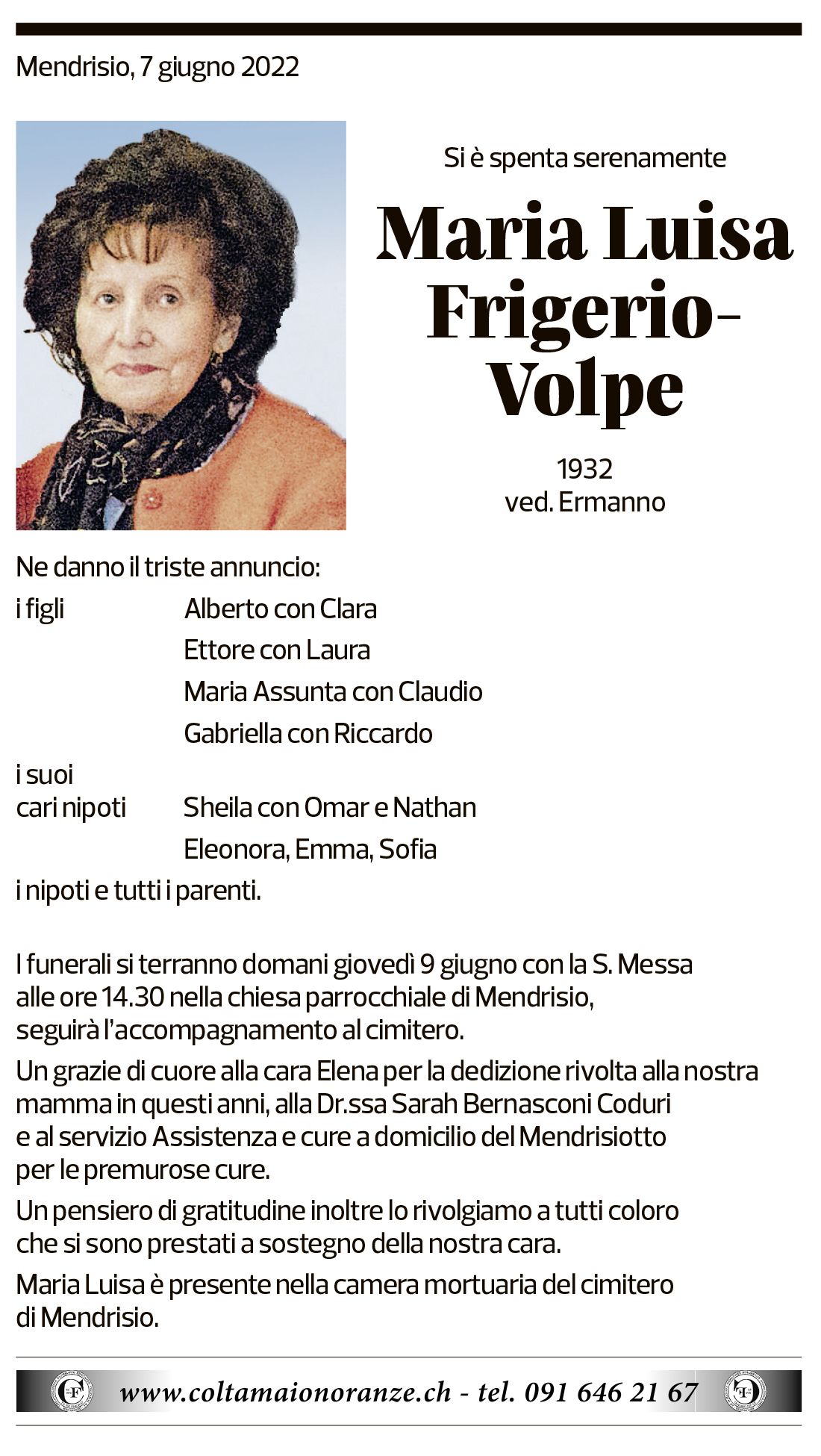 Annuncio funebre Maria Luisa Frigerio-volpe