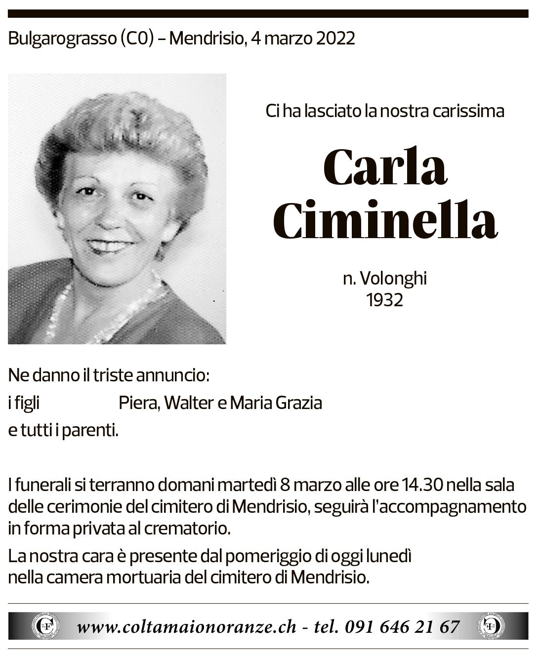 Annuncio funebre Carla Ciminella