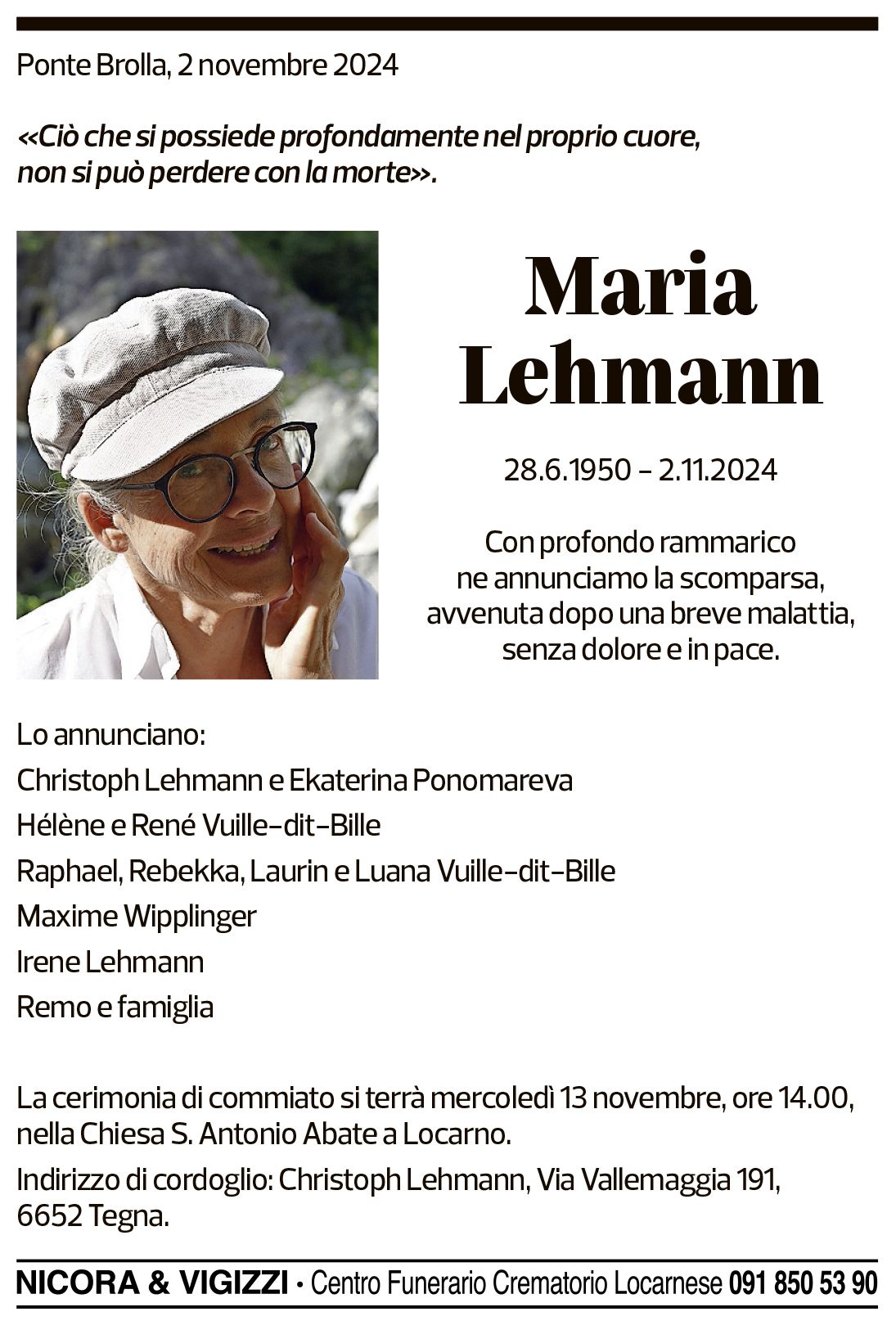 Annuncio funebre Maria Lehmann