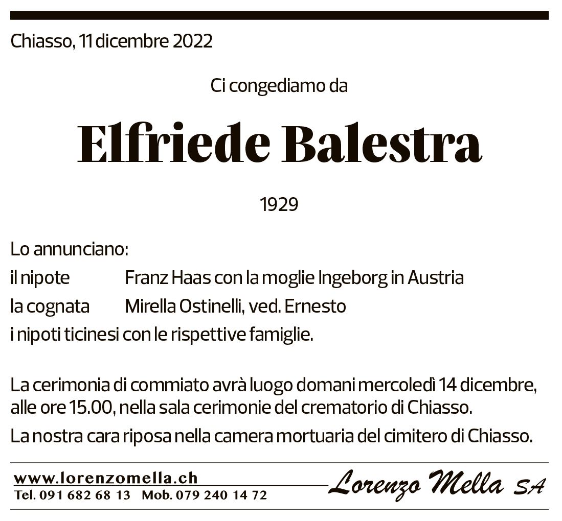 Annuncio funebre Elfriede Balestra