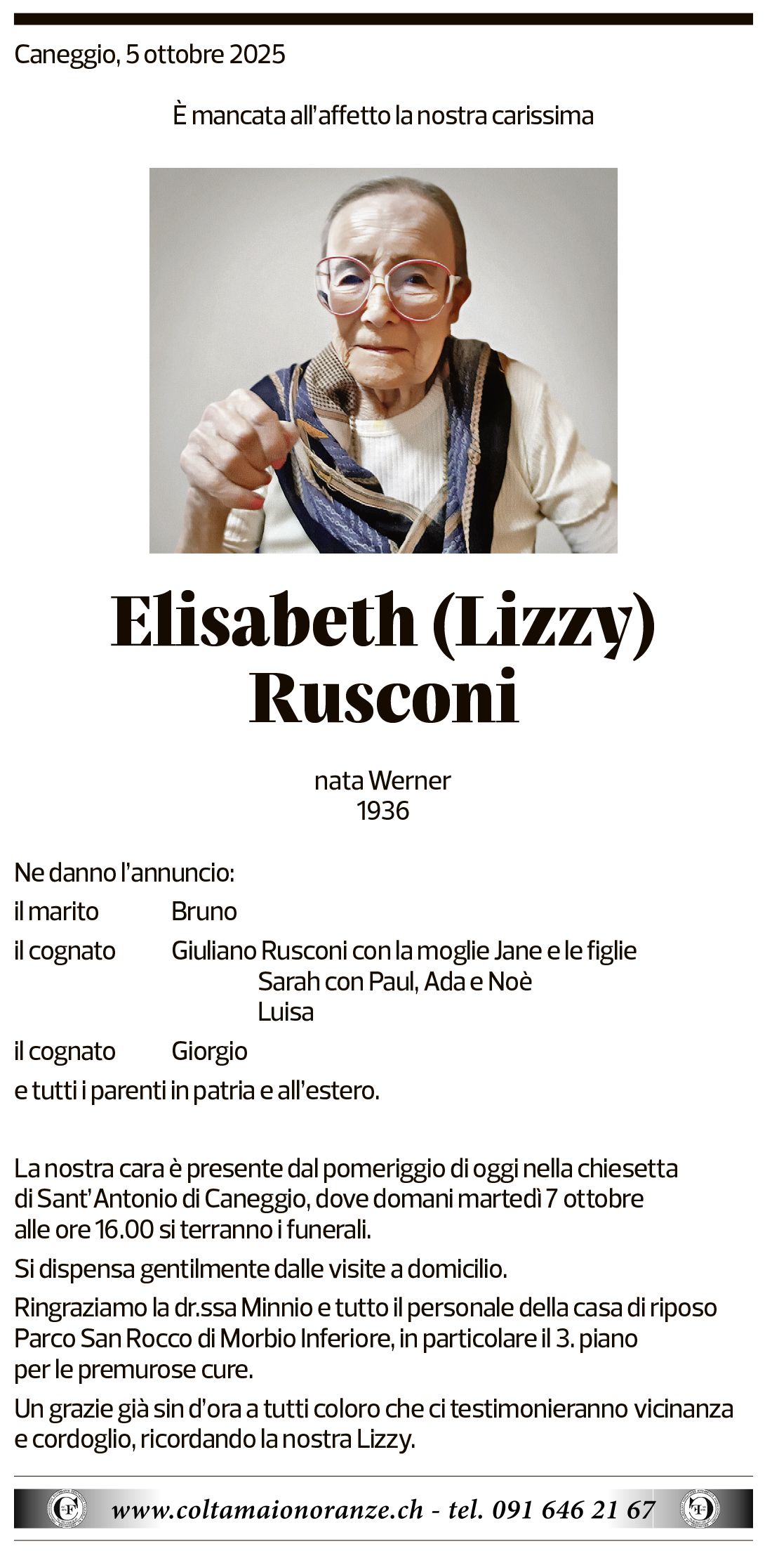 Annuncio funebre Elisabeth Rusconi