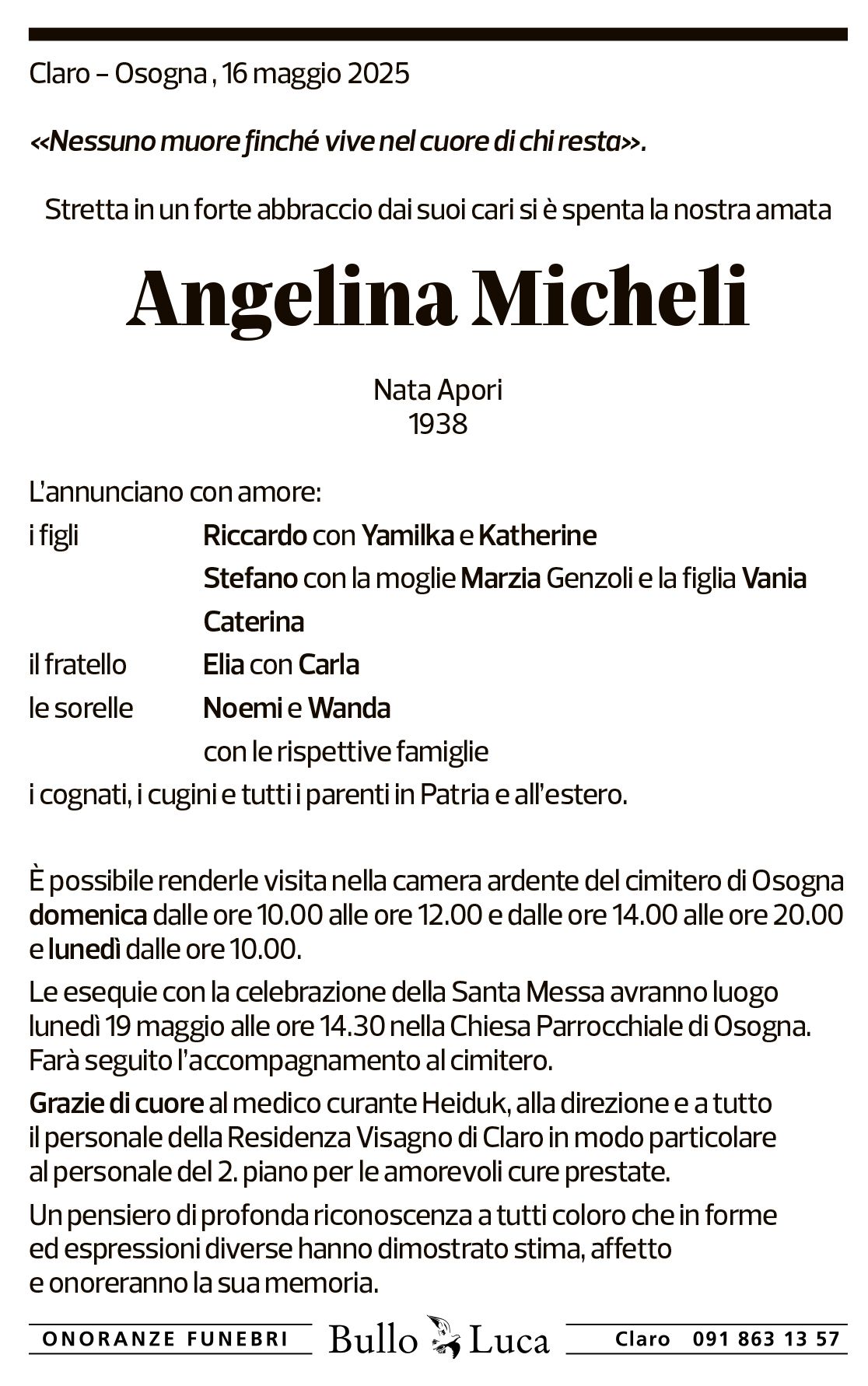 Annuncio funebre Angelina Micheli