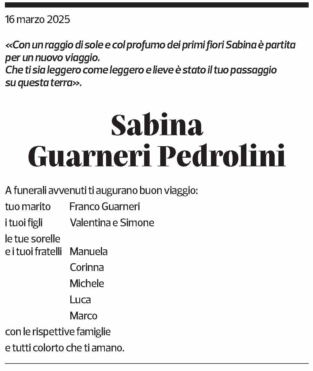 Annuncio funebre Sabina Guarneri Pedrolini