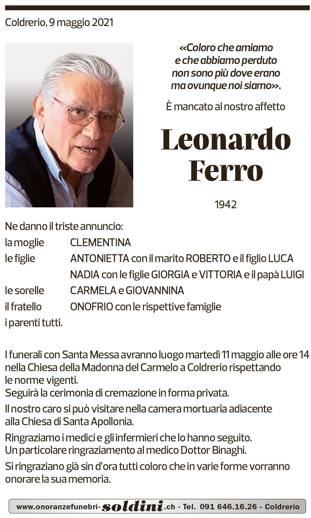 Annuncio funebre Leonardo Ferro