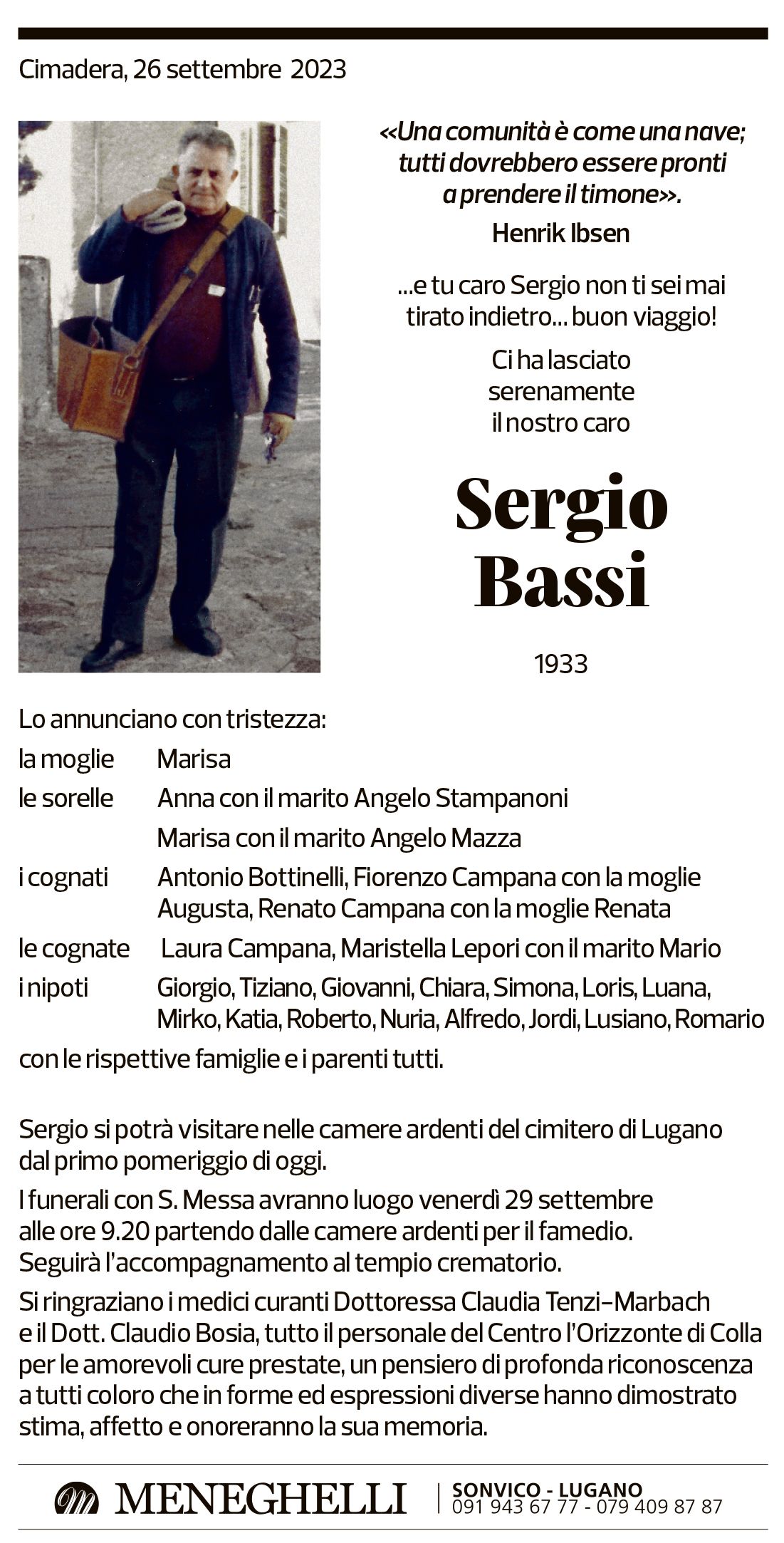 Annuncio funebre Sergio Bassi