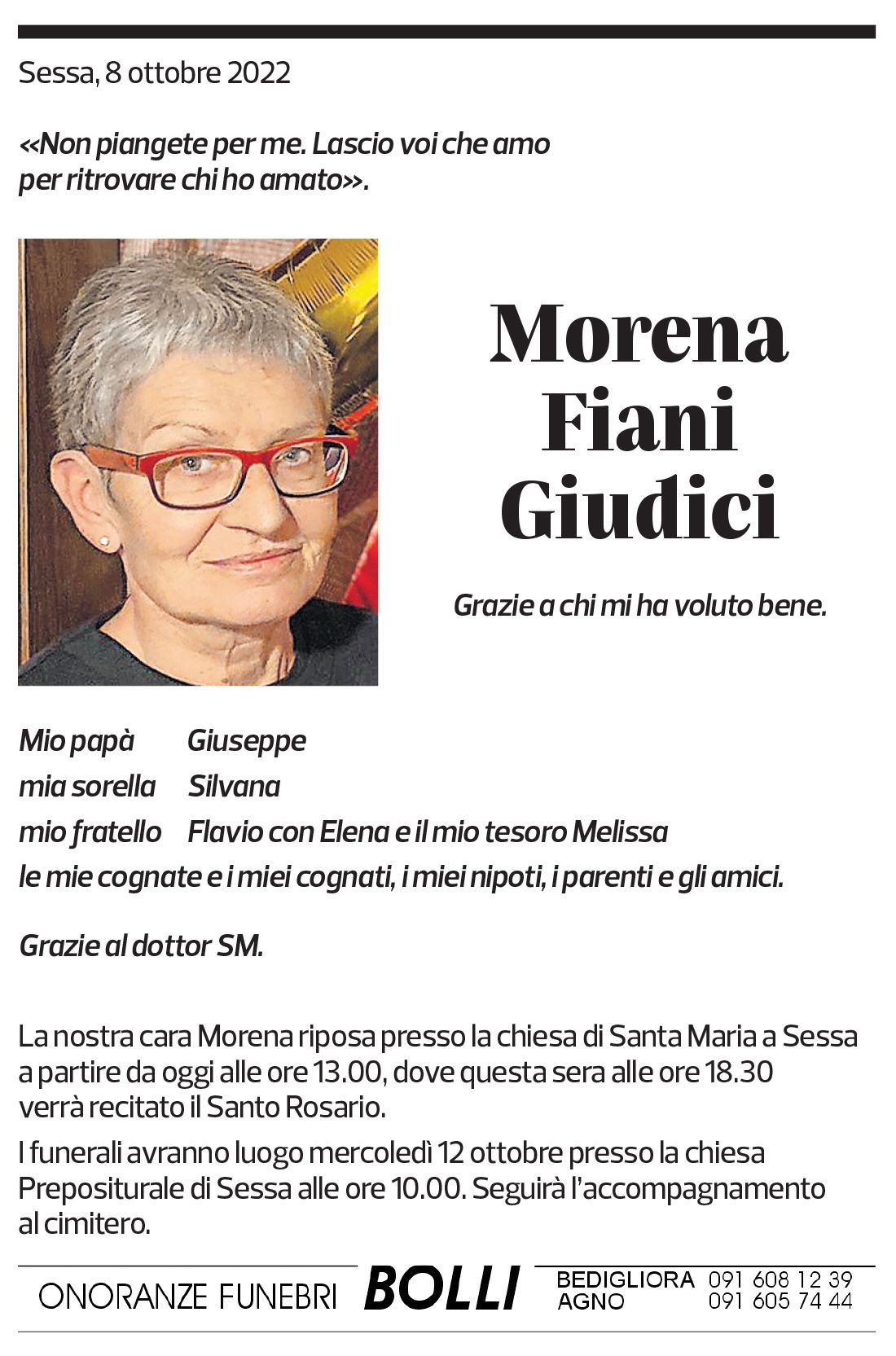 Annuncio funebre Morena Fiani Giudici