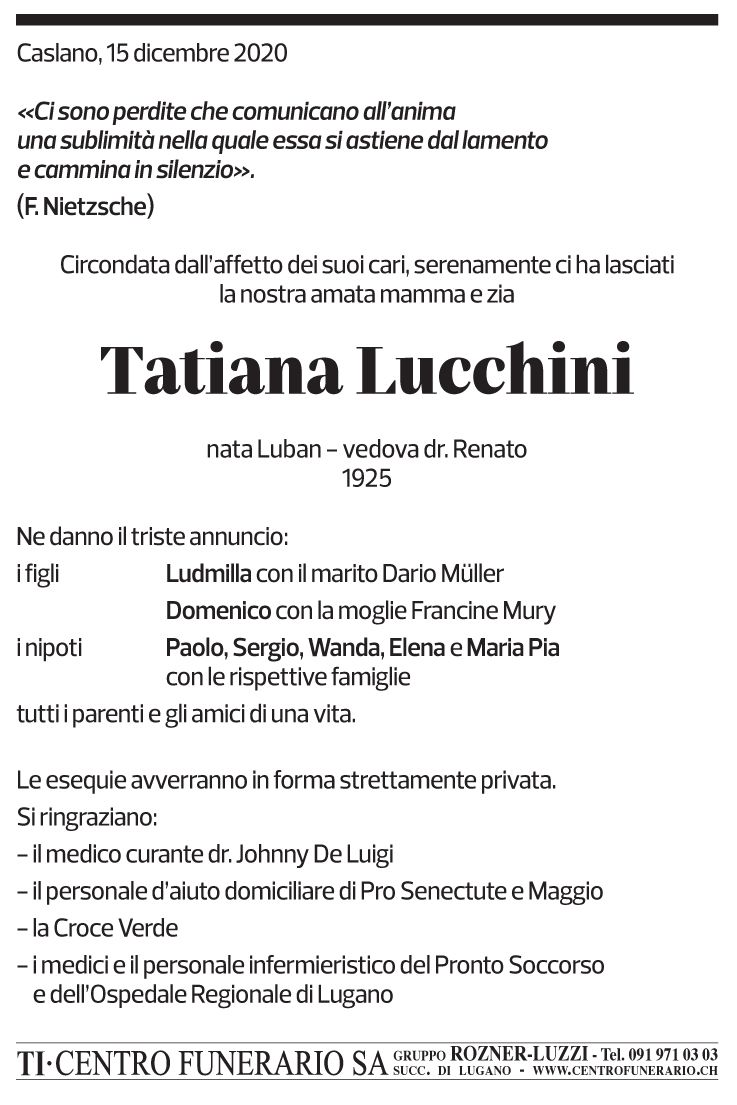 Annuncio funebre Tatiana Lucchini