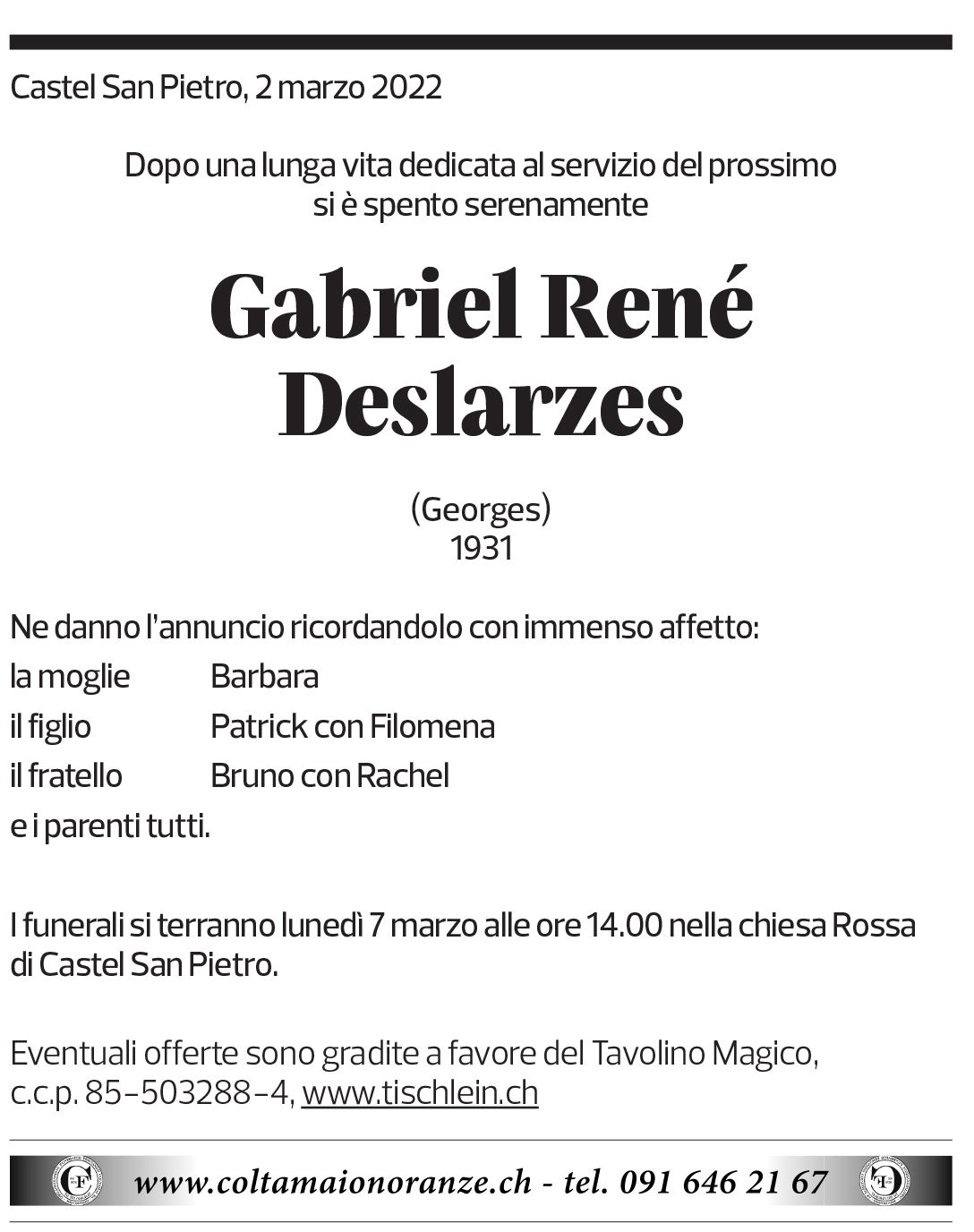 Annuncio funebre Gabriel René Deslarzes