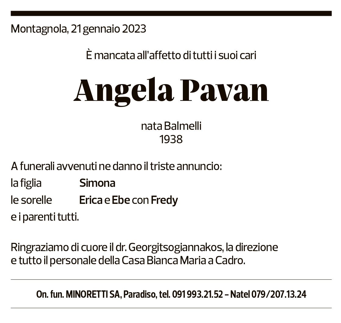 Annuncio funebre Angela Pavan