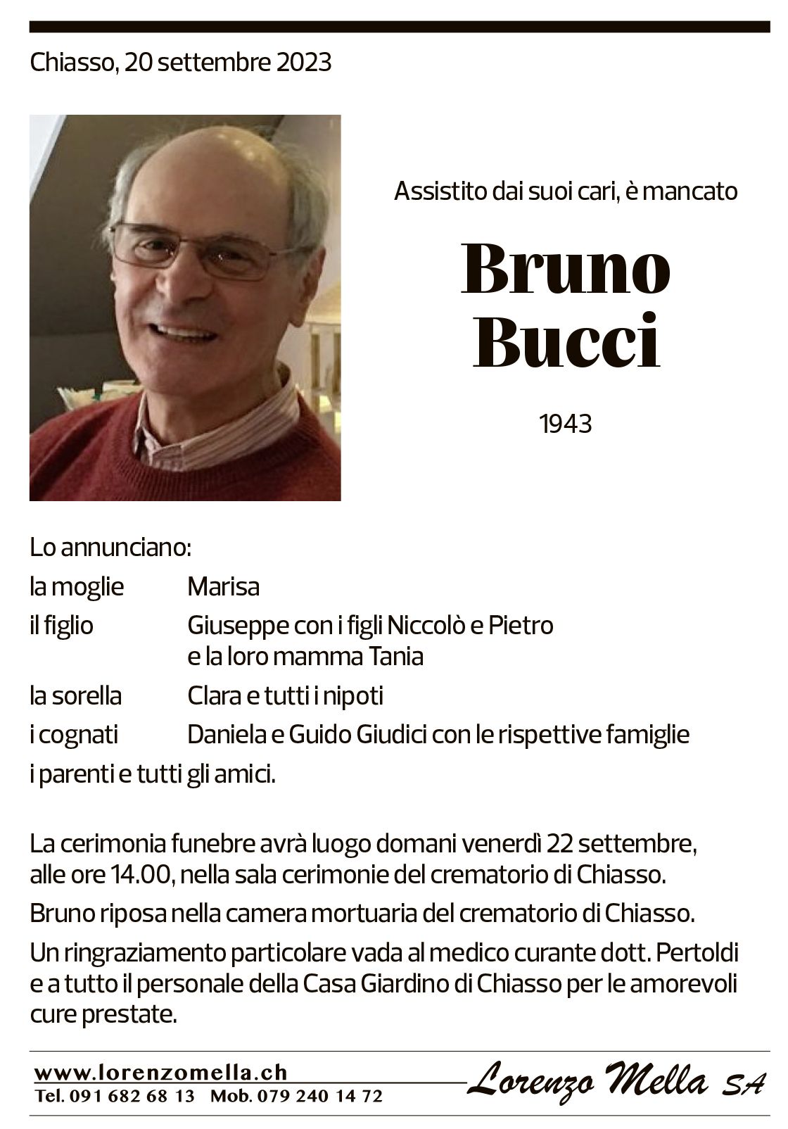 Annuncio funebre Bruno Bucci