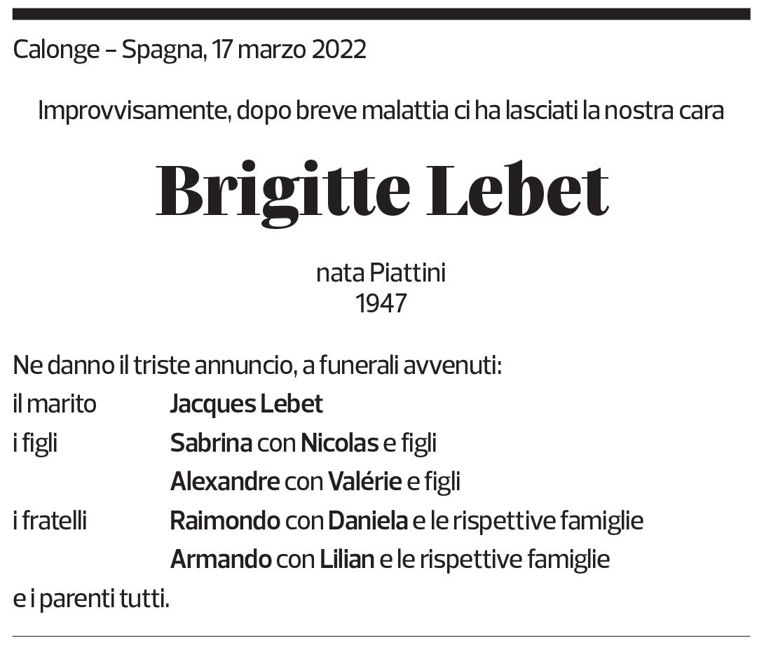 Annuncio funebre Brigitte Lebet