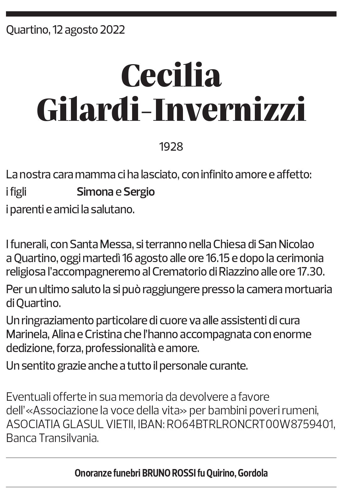 Annuncio funebre Cecilia Gilardi-invernizzi