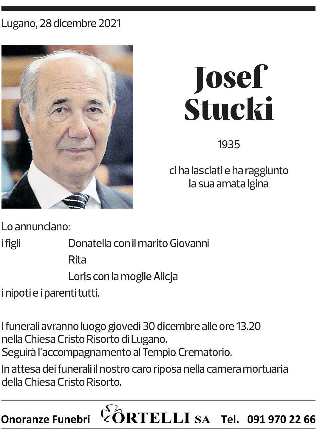 Annuncio funebre Josef Stucki