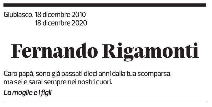 Annuncio funebre Fernando Rigamonti