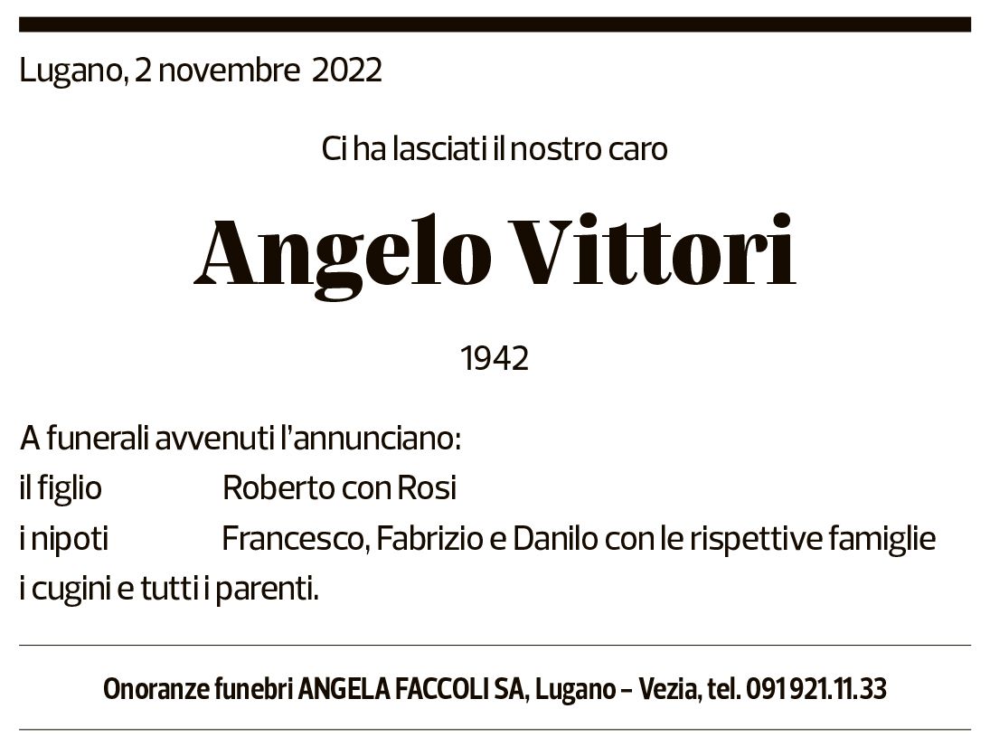 Annuncio funebre Angelo Vittori