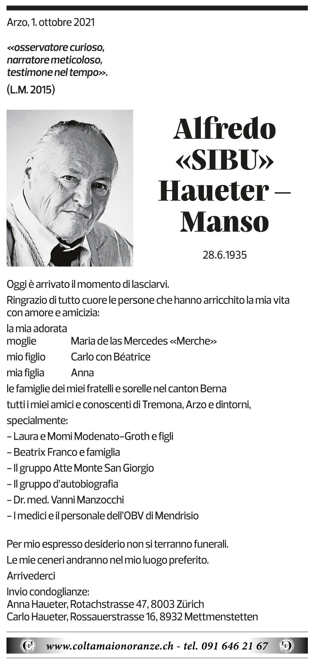 Annuncio funebre Alfredo Haueter - Manso