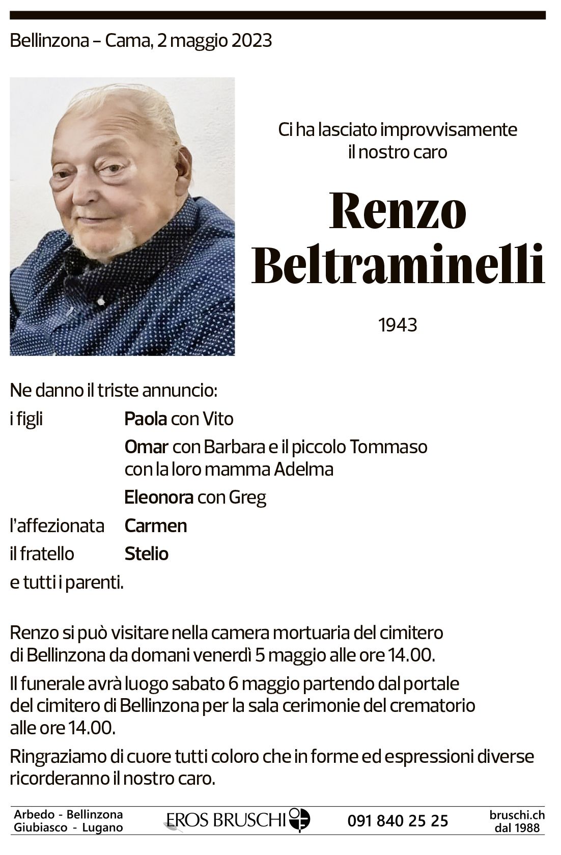 Annuncio funebre Renzo Beltraminelli