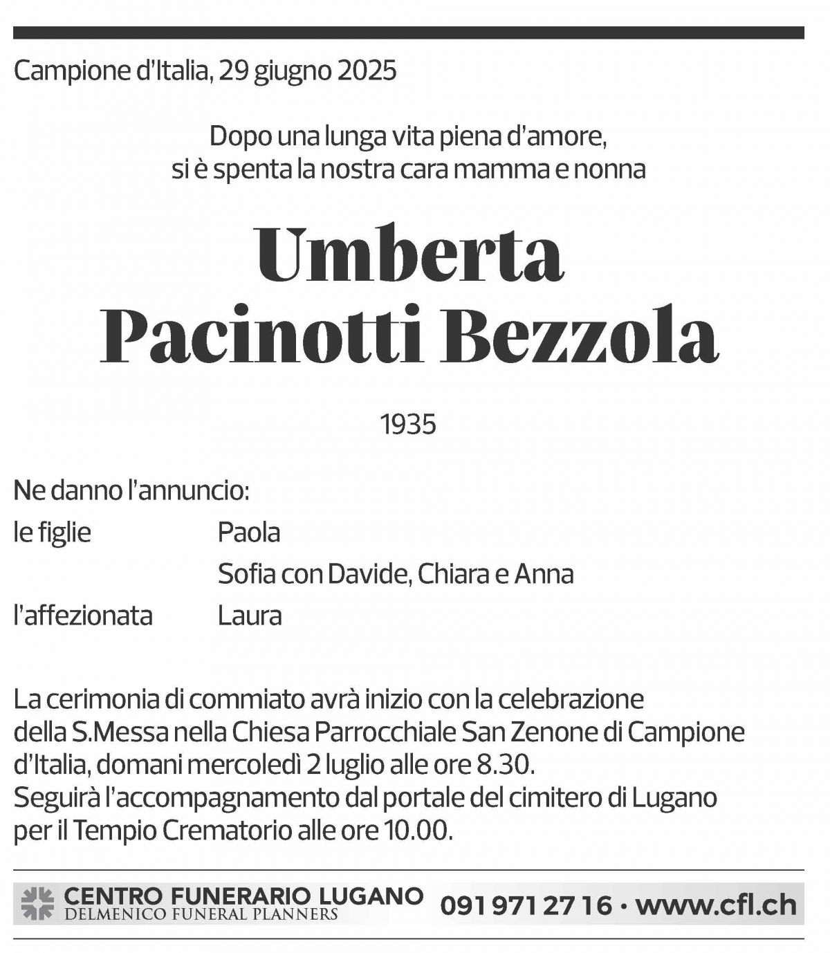 Annuncio funebre Umberta Pacinotti Bezzola
