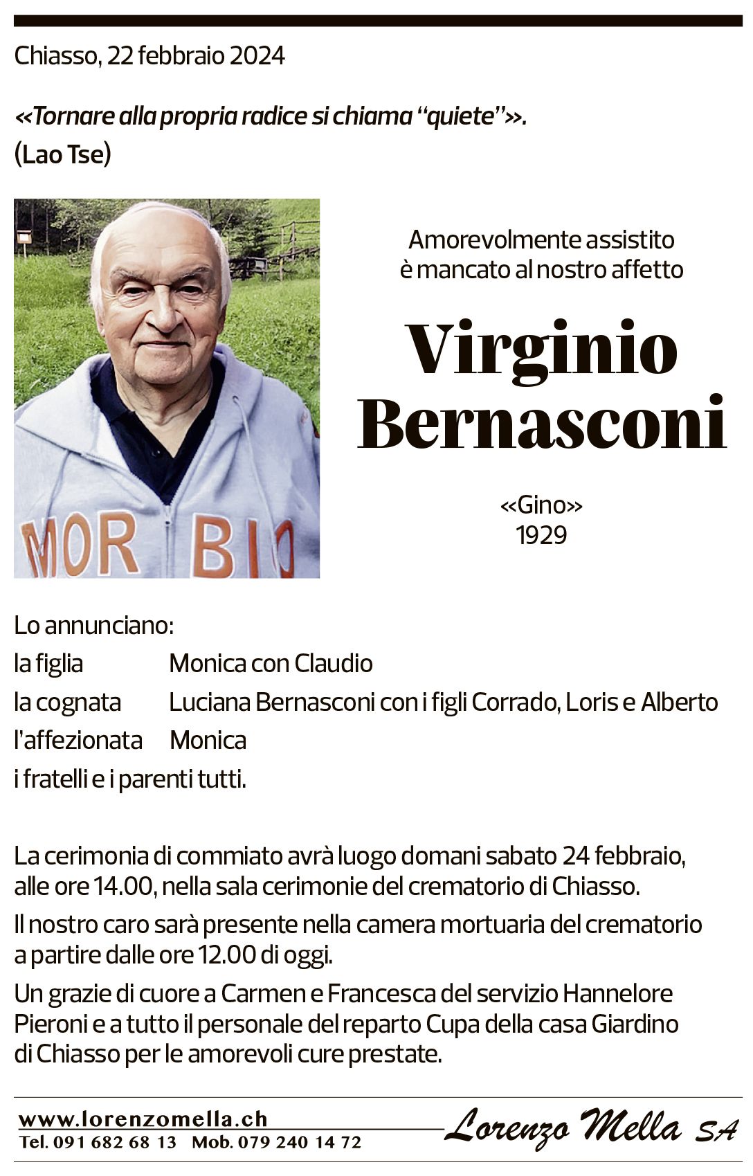 Annuncio funebre Virginio Bernasconi