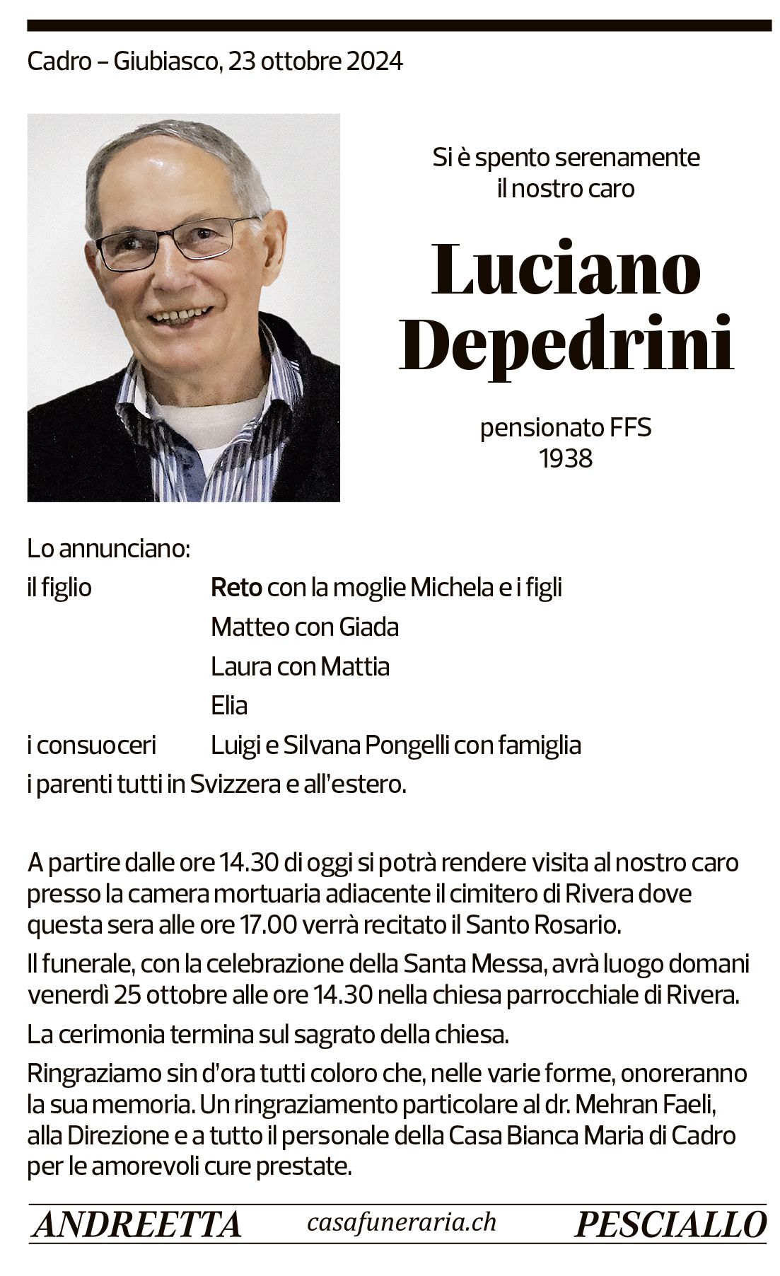 Annuncio funebre Luciano Depedrini