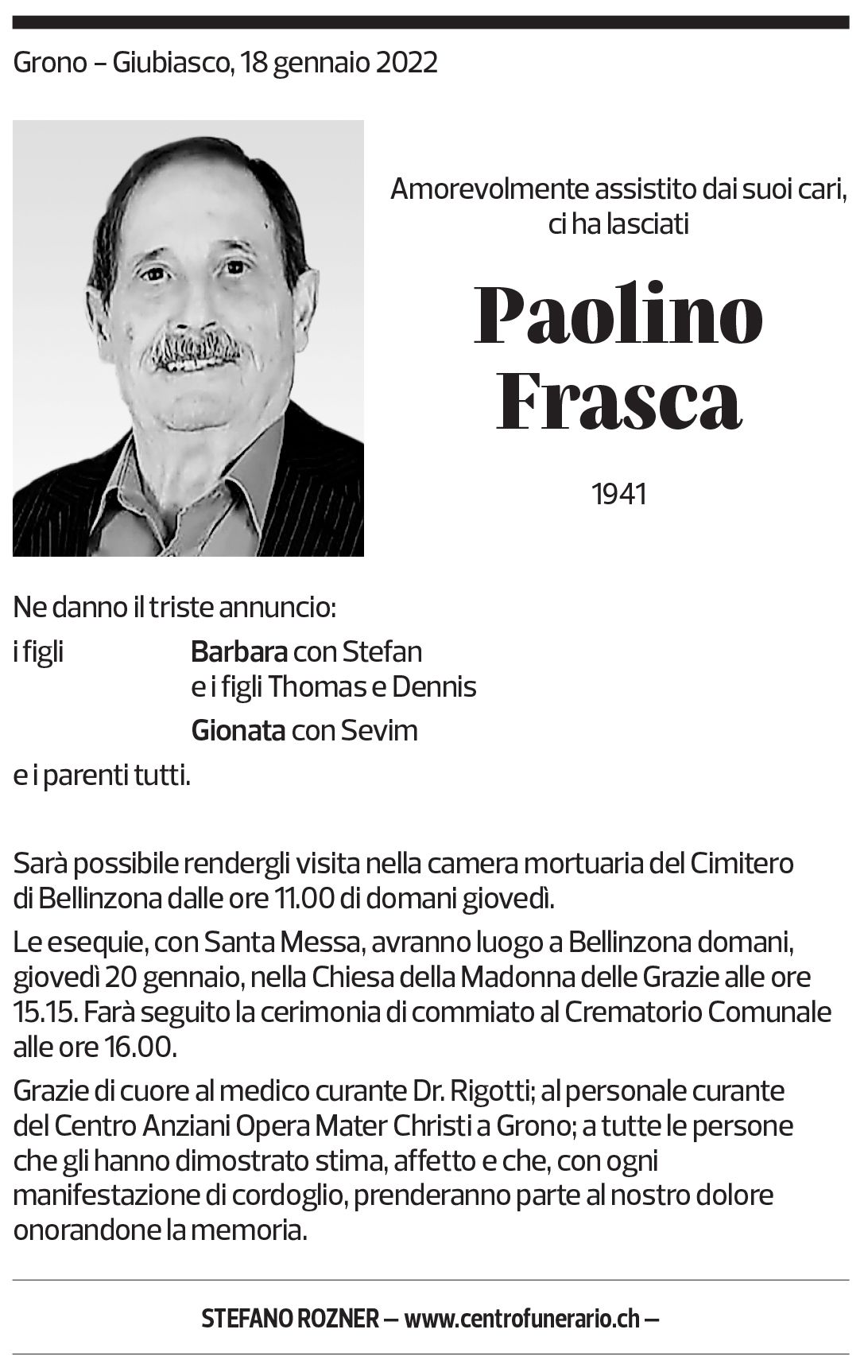 Annuncio funebre Paolino Frasca