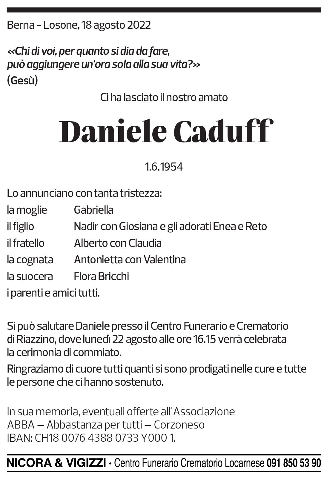 Annuncio funebre Daniele Caduff