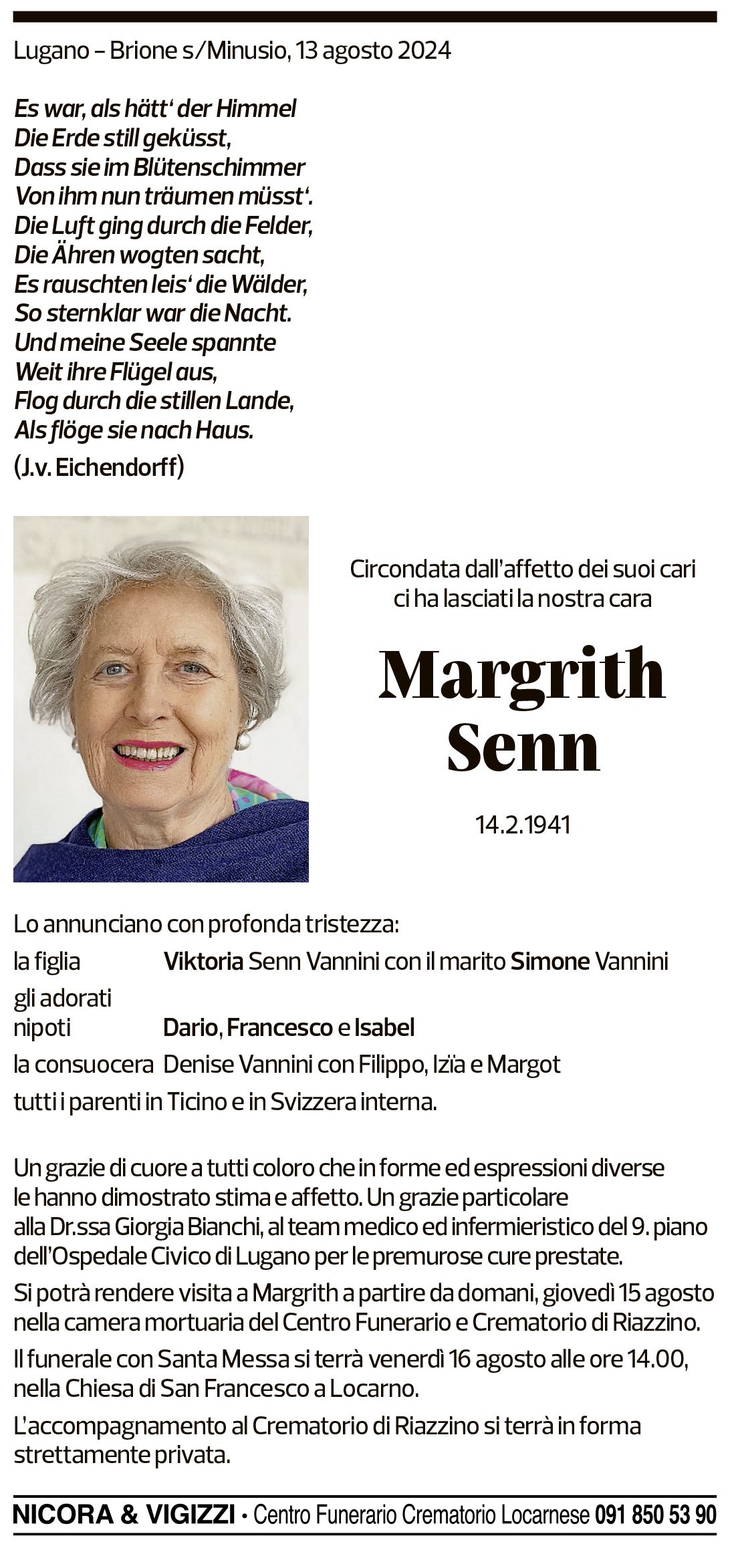 Annuncio funebre Margrith Senn