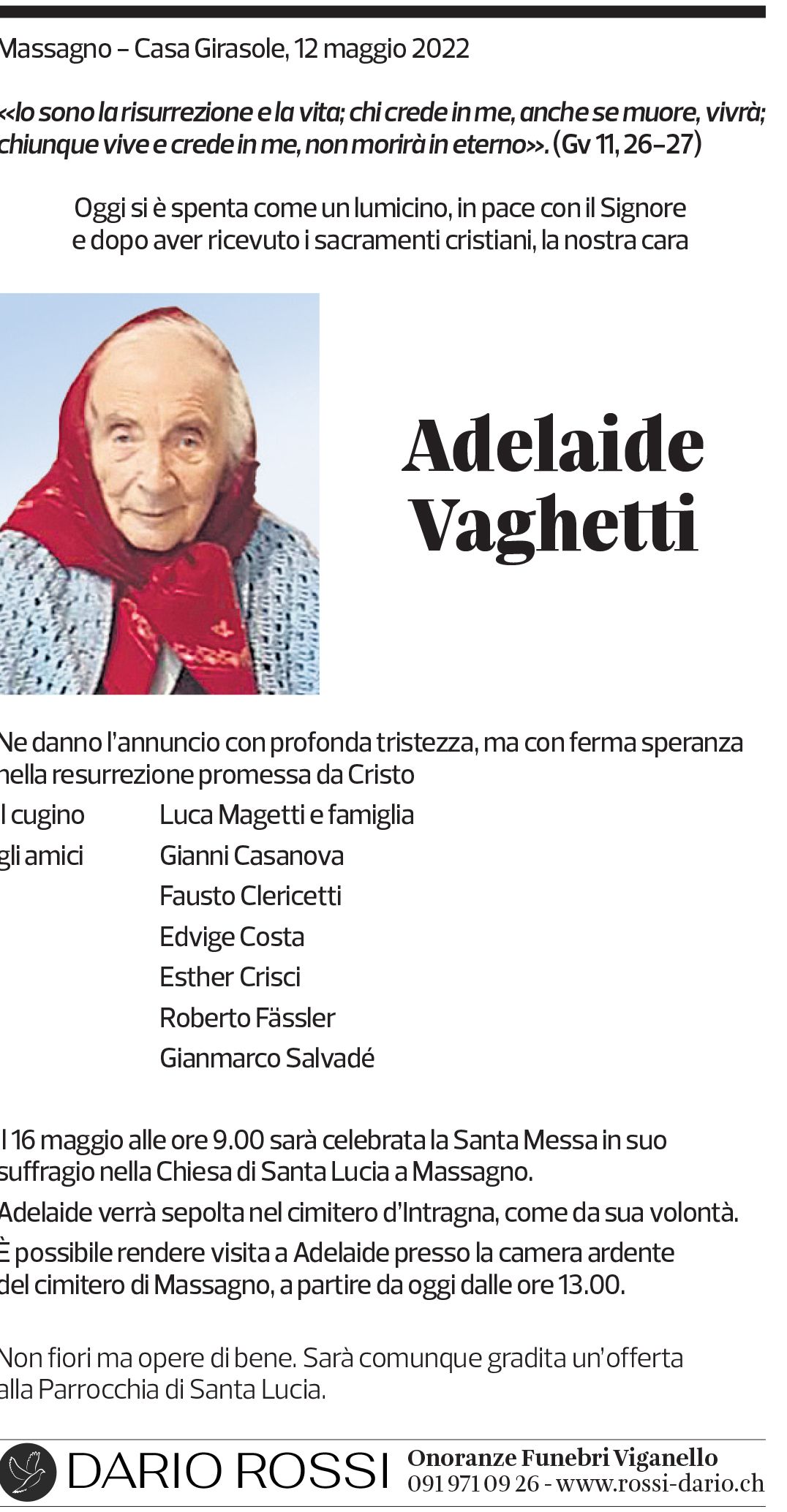 Annuncio funebre Adelaide Vaghetti