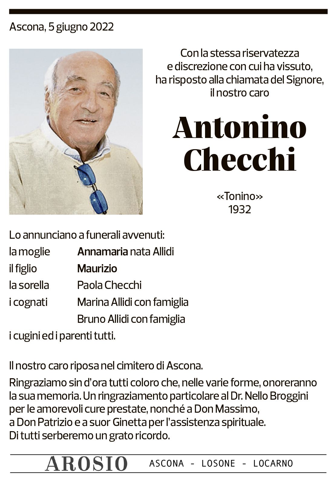 Annuncio funebre Antonino Checchi