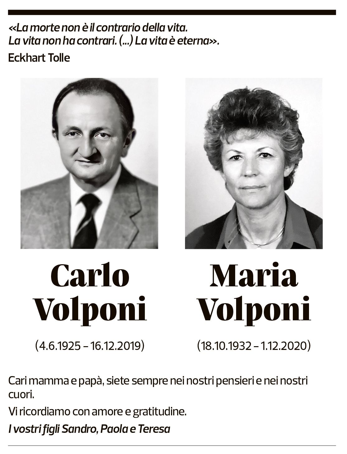 Annuncio funebre Carlo E Maria Volponi