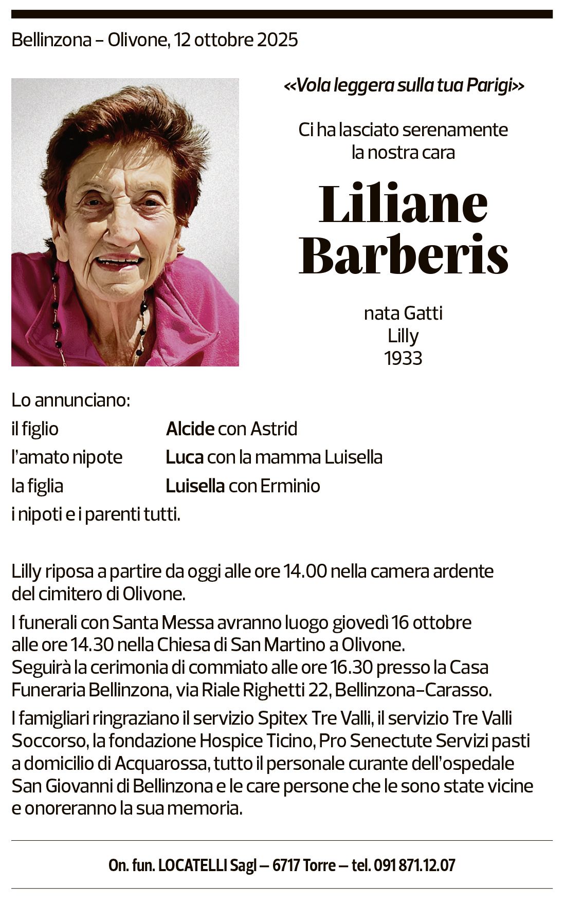 Annuncio funebre Liliane Barberis