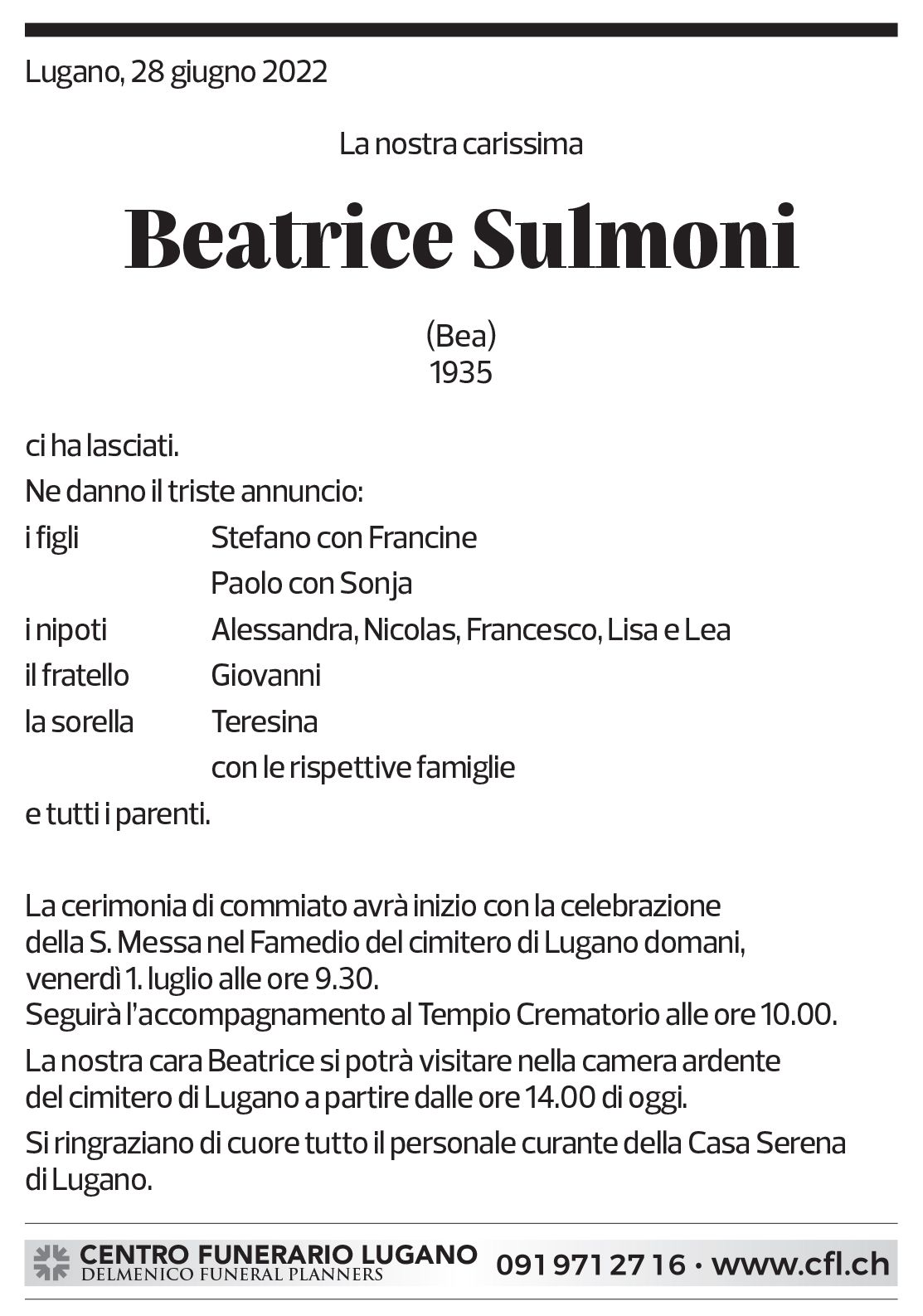 Annuncio funebre Beatrice Sulmoni