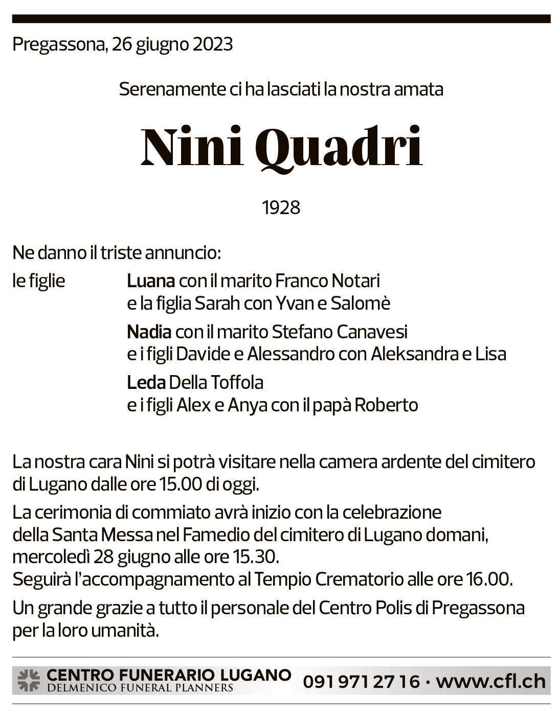 Annuncio funebre Nini Quadri