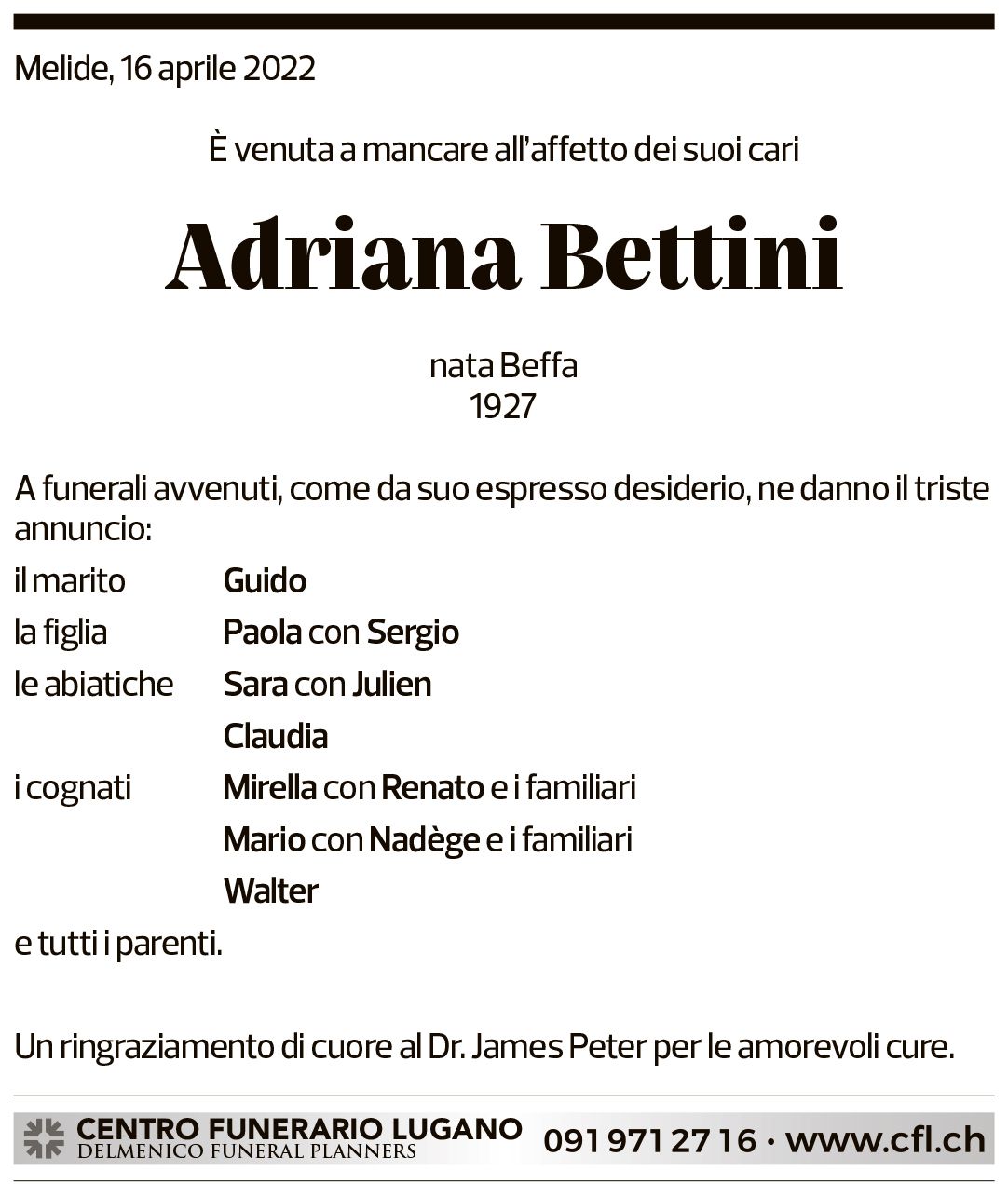 Annuncio funebre Adriana Bettini