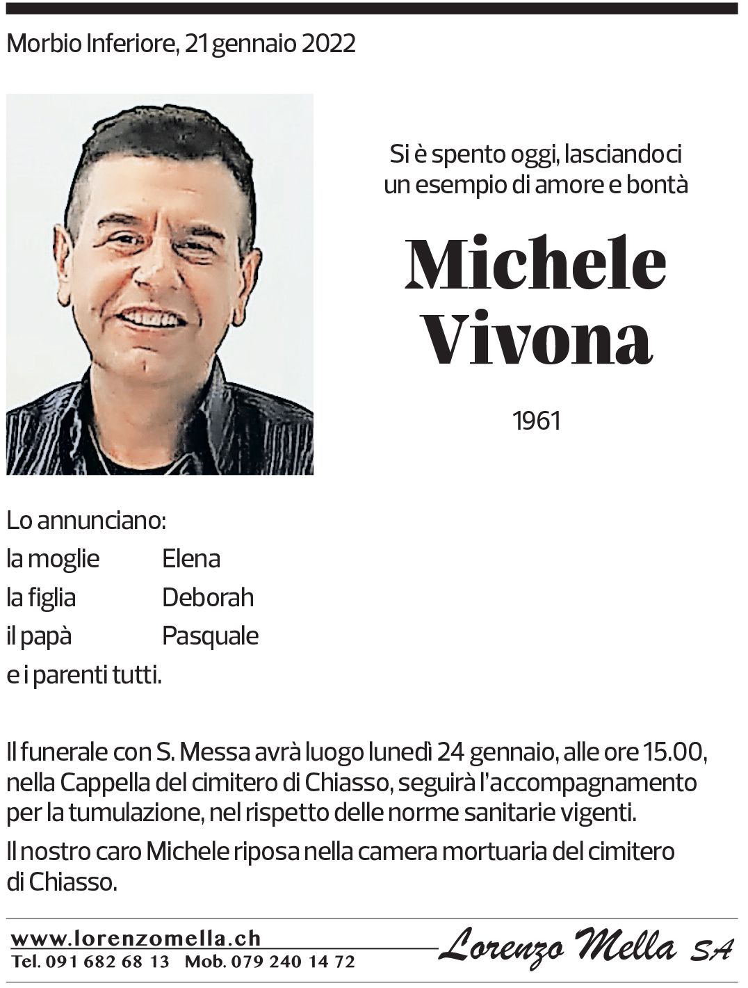 Annuncio funebre Michele Vivona