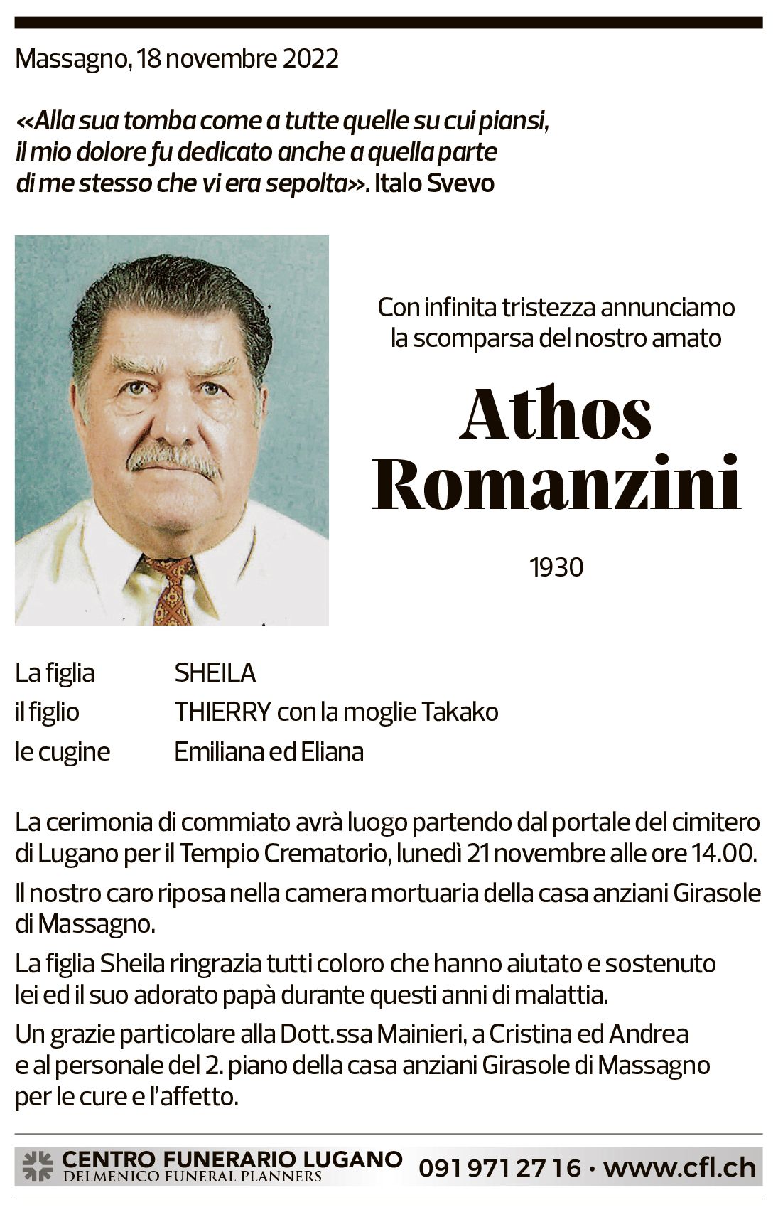 Annuncio funebre Athos Romanzini