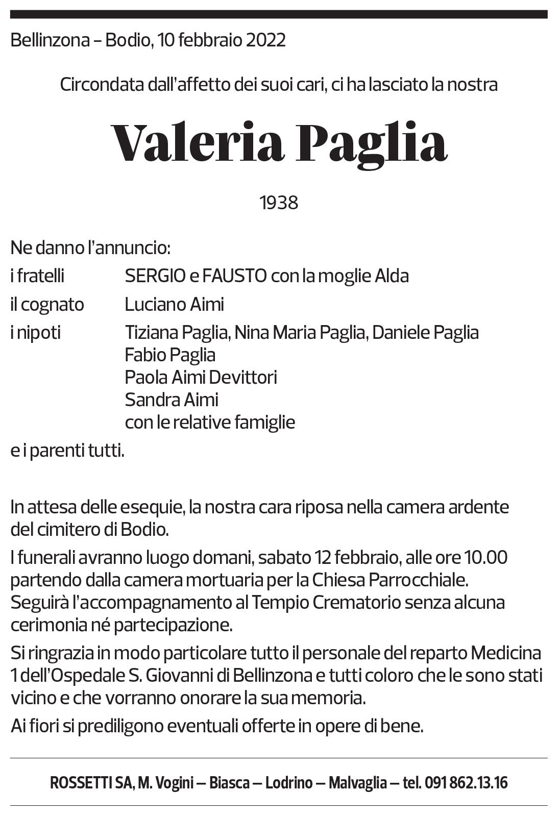 Annuncio funebre Valeria Paglia