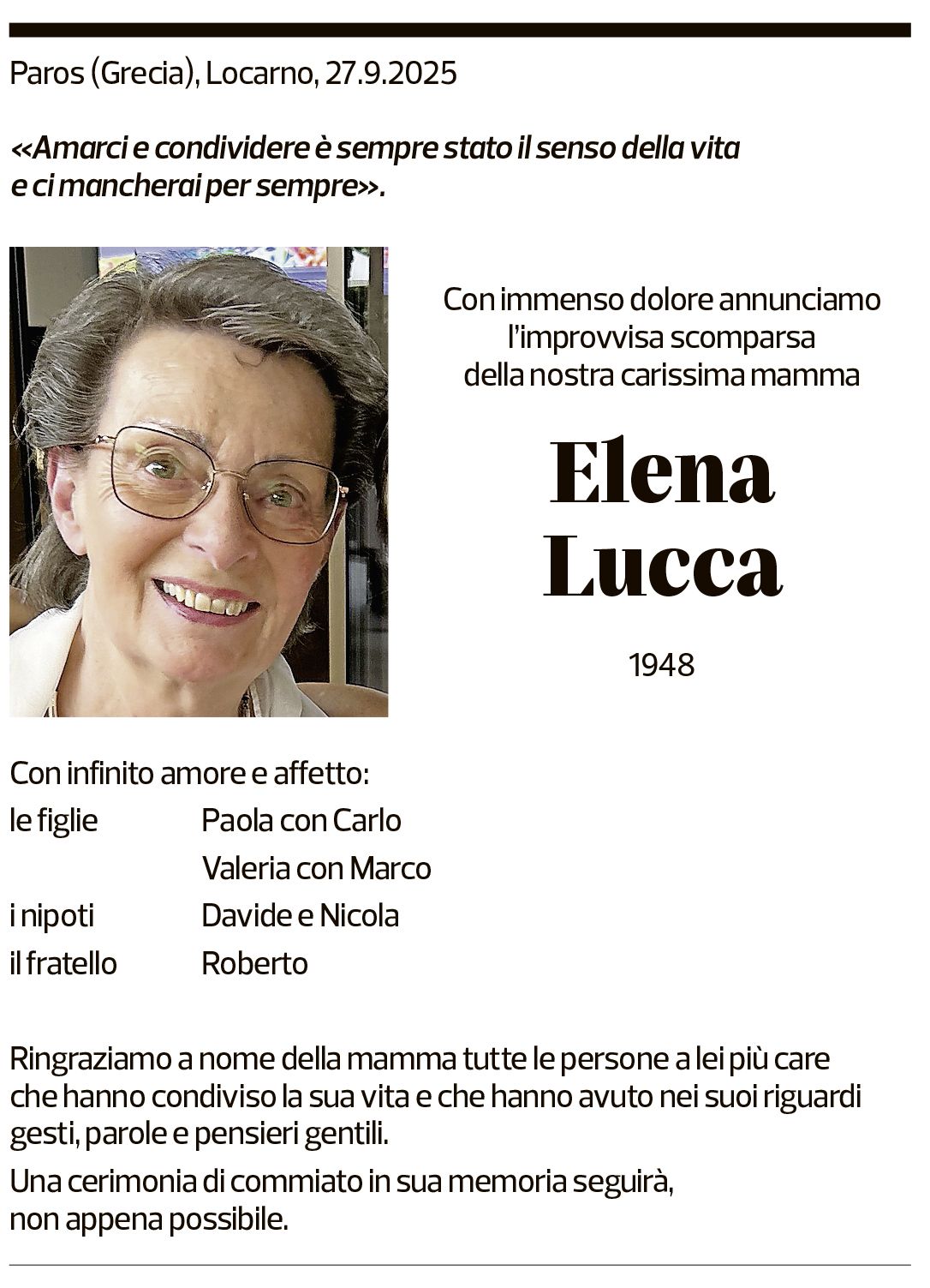 Annuncio funebre Elena Lucca