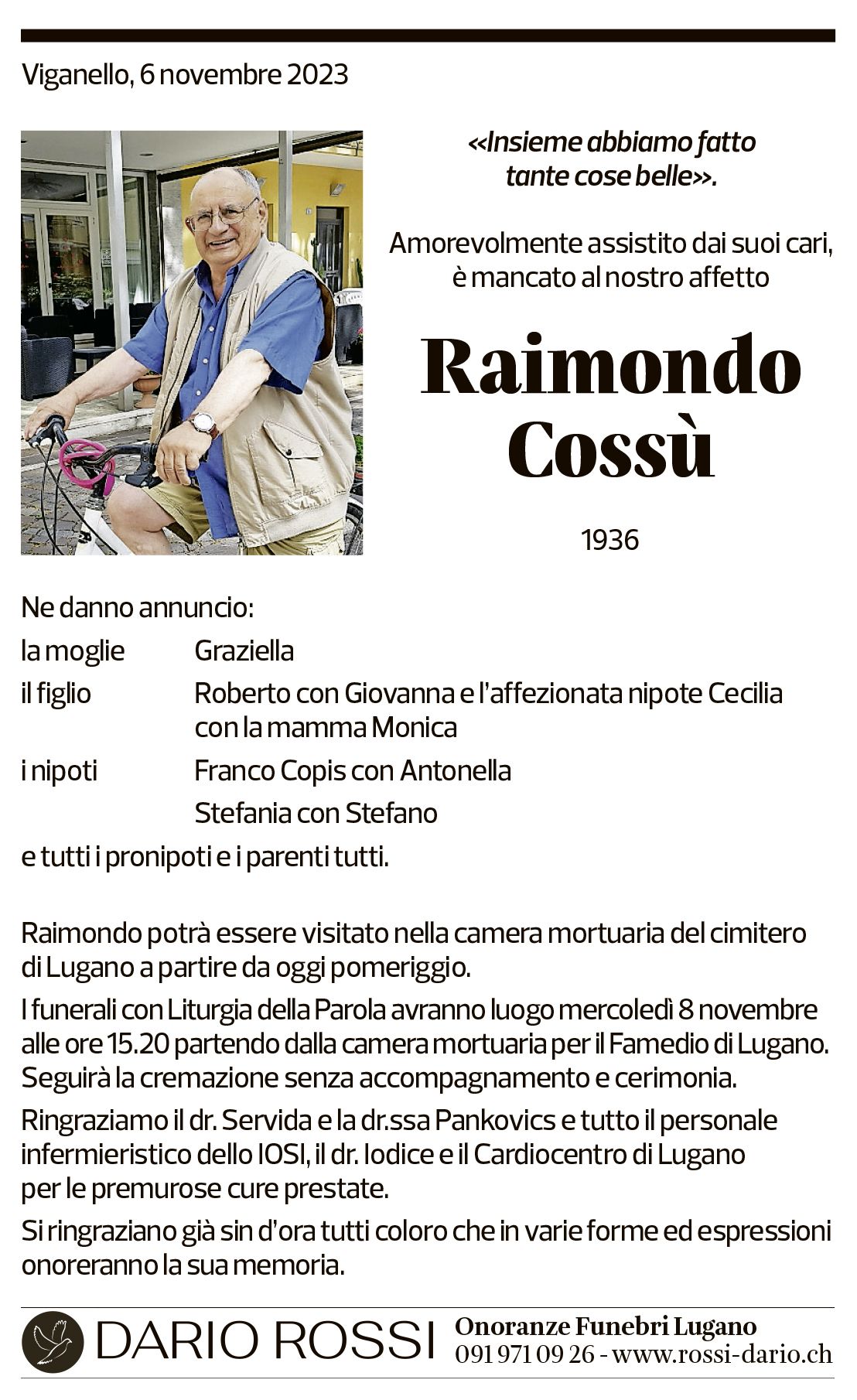 Annuncio funebre Raimondo Cossù