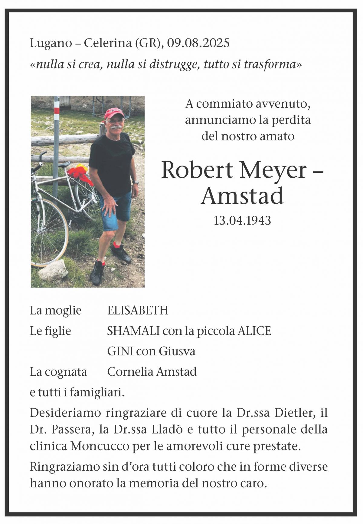 Annuncio funebre Robert Meyer-amstad