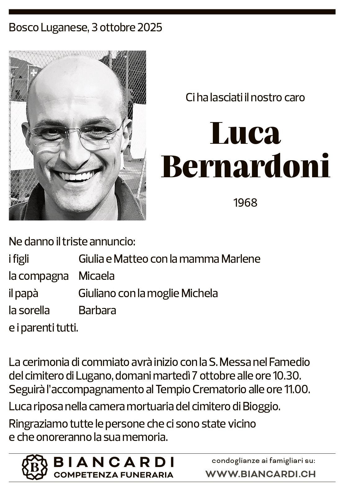 Annuncio funebre Luca Bernardoni