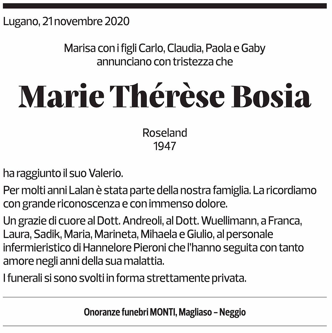 Annuncio funebre Marie Thérèse Bosia
